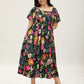 ⏰🌈Promoção quente de verão 70% DE DESCONTO💃 Vestido midi floral com decote quadrado franzido e bolsos