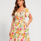 ⏰🌈Promoção quente de verão 70% DE DESCONTO💃 Vestido midi floral com decote quadrado franzido e bolsos