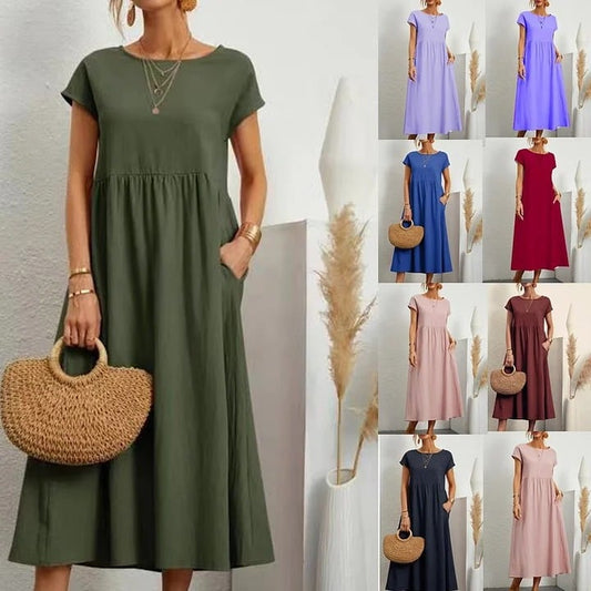 💝 Vestido soltinho sem mangas de algodão com bolsos e cor lisa