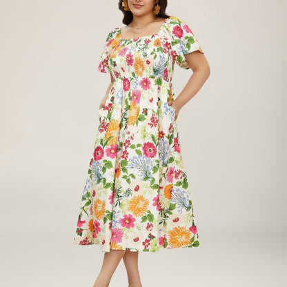⏰🌈Promoção quente de verão 70% DE DESCONTO💃 Vestido midi floral com decote quadrado franzido e bolsos