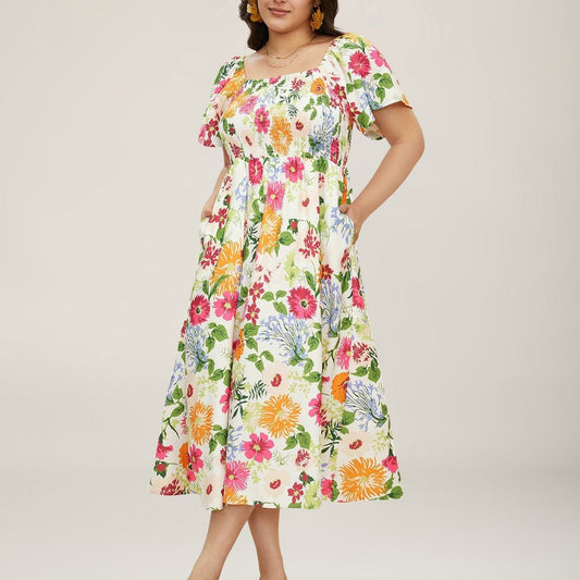 ⏰🌈Promoção quente de verão 70% DE DESCONTO💃 Vestido midi floral com decote quadrado franzido e bolsos