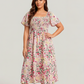 ⏰🌈Promoção quente de verão 70% DE DESCONTO💃 Vestido midi floral com decote quadrado franzido e bolsos