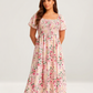 ⏰🌈Promoção quente de verão 70% DE DESCONTO💃 Vestido midi floral com decote quadrado franzido e bolsos