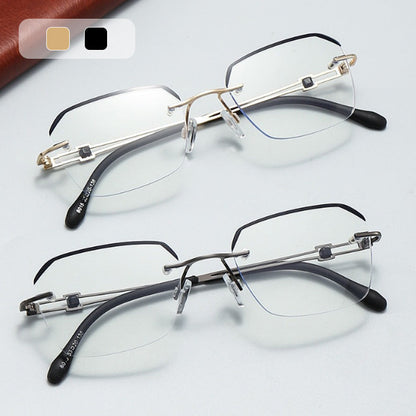 🔥50% DE DESCONTO! 🔍 Óculos sem aro com filtro de luz azul | Tecnologia avançada de filtragem de luz azul · 👓 Design elegante sem aro · Perfeitos tanto para ocasiões casuais como profissionais
