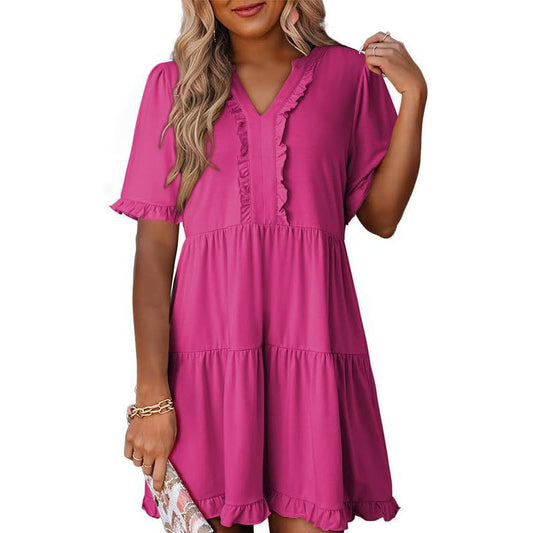 🔥Promoção quente de verão 2026 – 49% DE DESCONTO🌈 Vestido feminino casual evasê fluido com decote em V e babados