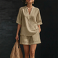 Conjunto curto feminino de duas peças com decote em V casual