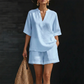 Conjunto curto feminino de duas peças com decote em V casual