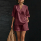 Conjunto curto feminino de duas peças com decote em V casual