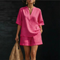Conjunto curto feminino de duas peças com decote em V casual