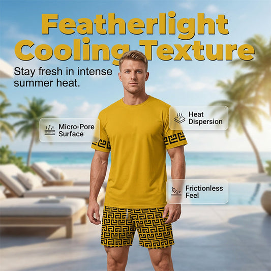 💛 Conjunto esportivo masculino de manga curta com estampa gráfica amarela