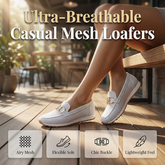 Mocassins casuais de malha para mulher com fivela metálica