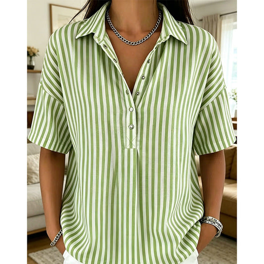 👕 OFERTA POR TEMPO LIMITADO – 50% DE DESCONTO! ✨ Blusa Feminina Listrada de Manga Curta – Modelagem Solta, Decote em V e 9 Cores 🍂💕